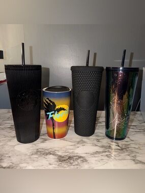 4 Starbucks tumblers and coffee mug